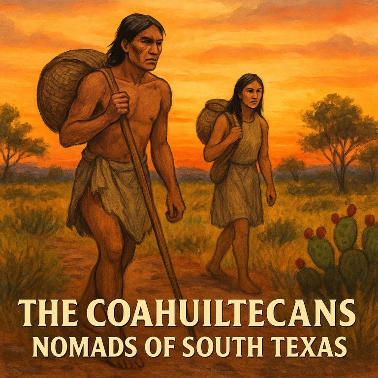 Illustrated Coahuiltecan man and woman walking at sunset with title text: “The Coahuiltecans – Nomads of South Texas.”