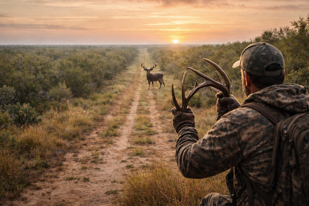 Mature South Texas whitetail buck during the rut on an exclusive hunting ranch in La Salle County
