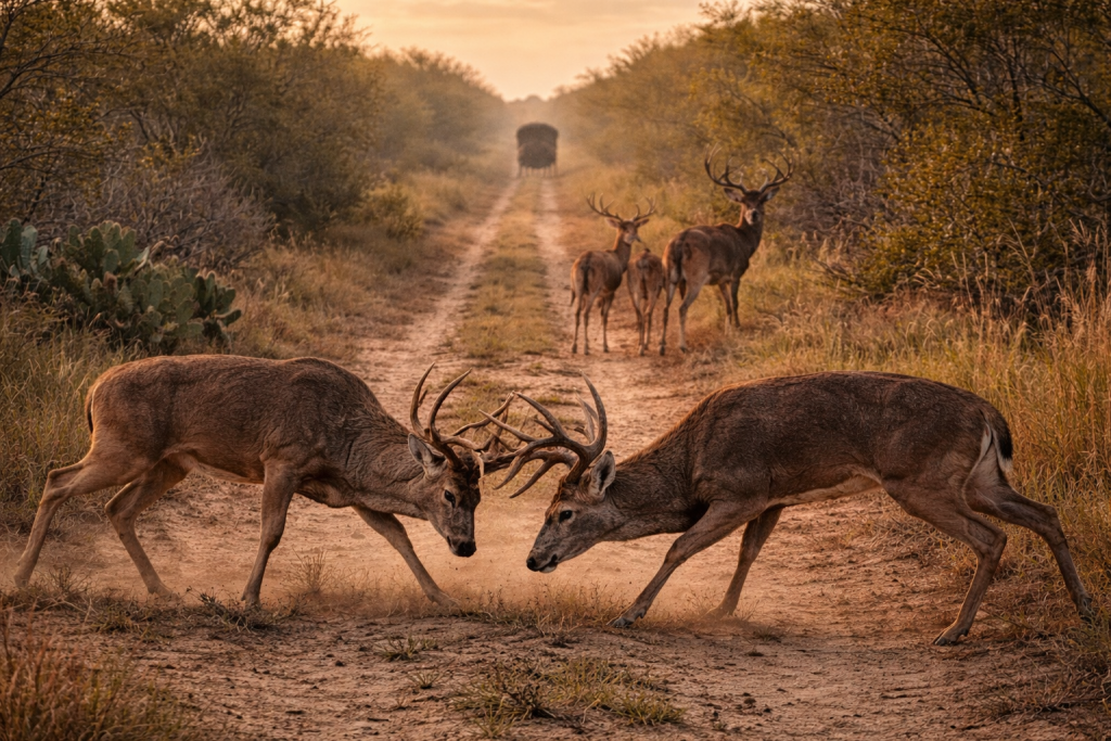 Two mature whitetail bucks fighting on a South Texas sendero during peak rut at sunrise, with does and a hunting blind in the distance