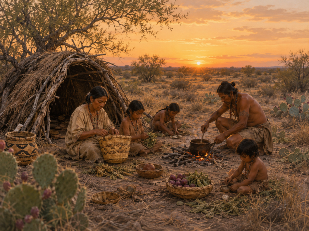 Native South Texas family camp at sunset with a brush shelter, woven baskets, and prickly pear.