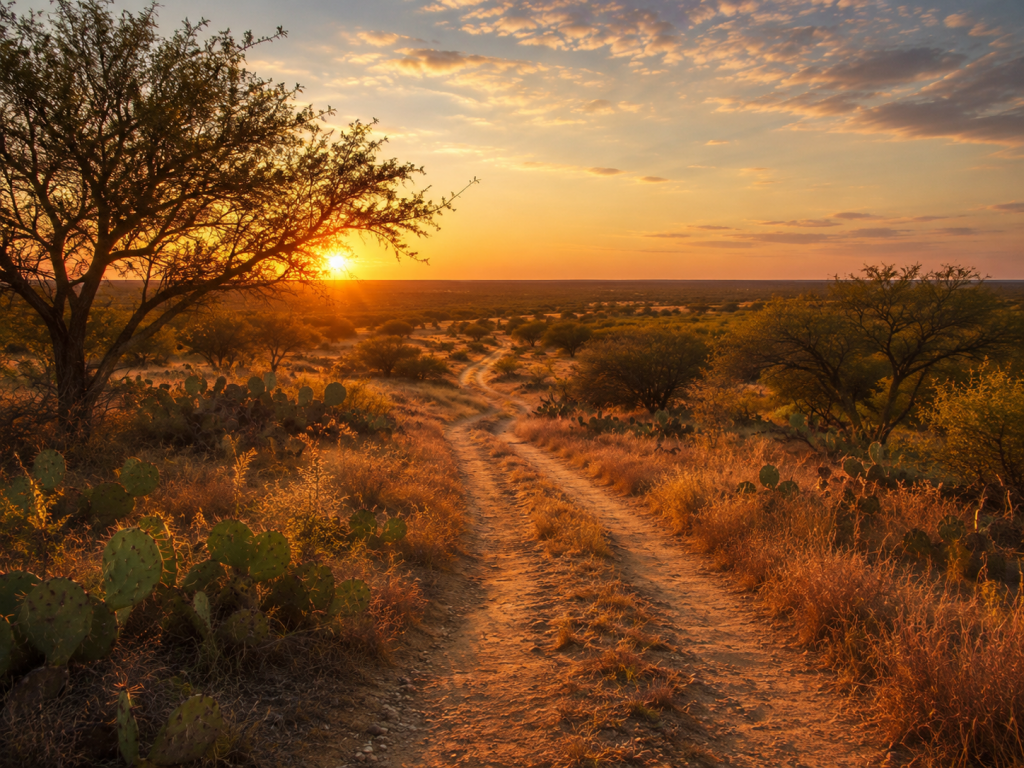 Empty South Texas brush trail at sunset winding through mesquite and prickly pear.