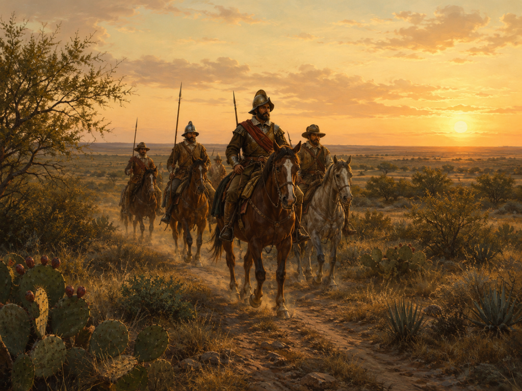 Spanish explorers on horseback crossing the South Texas brush country near mesquite and prickly pear at golden hour.