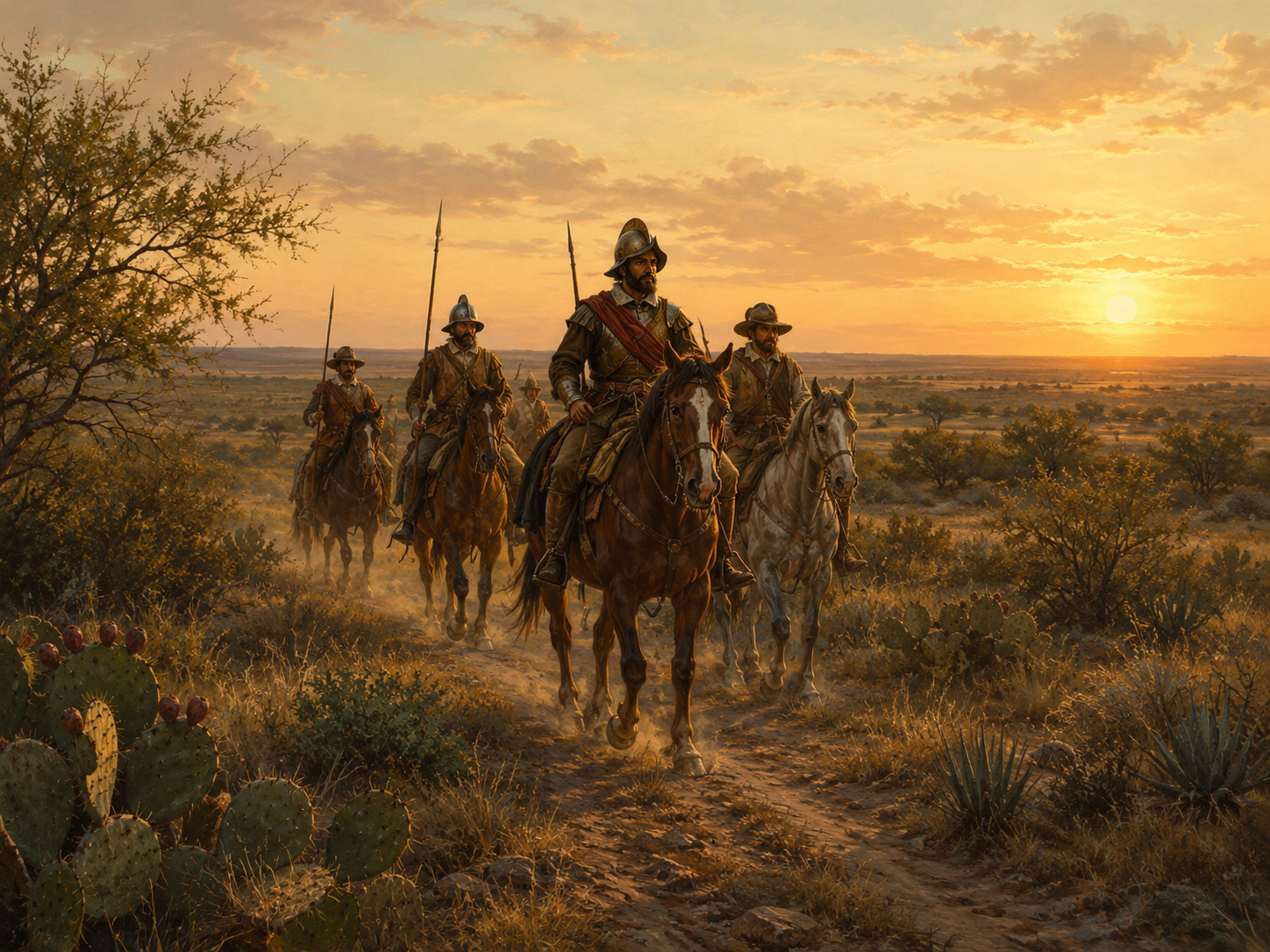 Spanish explorers on horseback crossing the South Texas brush country near mesquite and prickly pear at golden hour.