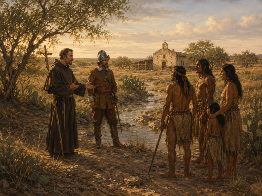 Spanish missionary and soldier meeting a Native family near a South Texas creek with a mission in the distance.